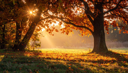 Golden autumn sunlight filters through tree branches onto a grassy meadow, casting dappled light and illuminating...の素材