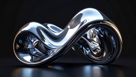 A 3D rendered abstract sculpture in an infinity loop shape, with a highly polished chrome metallic finish.の素材