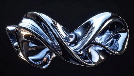 A highly reflective, liquid metal form with smooth, flowing curves and sharp highlights against a dark backdrop.の素材