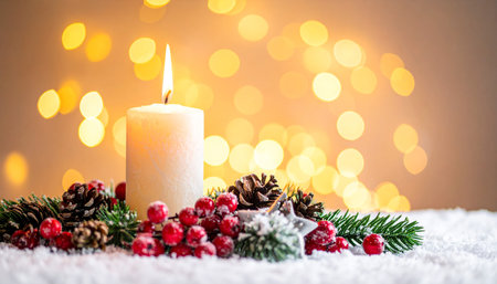 A white candle is lit in a snowy Christmas arrangement with pine cones, red berries, fir branches, and a white star...の素材