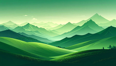 An abstract green landscape with layered mountain ranges and rolling hills under a soft gradient sky.の素材