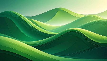 Abstract flowing waves of green and emerald hues with smooth curves and soft light creating a dynamic texture.の素材