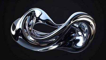 Metallic showing abstract chrome infinity loop sculpture with smooth reflective metallic surface and dark background...の素材