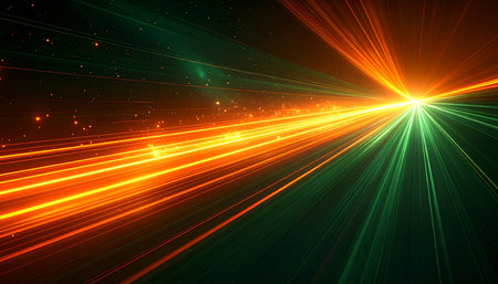 Vibrant orange and green light trails radiate outwards from a bright central starburst on a dark background,...の素材