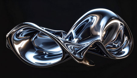 A highly reflective chrome sculpture with fluid, organic curves against a dark, gradient background.の素材