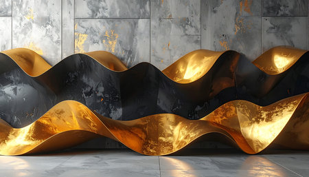 Black showing abstract wavy sculpture with textured gold and black surfaces against a concrete wall and tiled floor....の素材