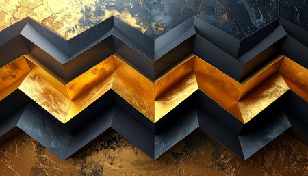An abstract zigzag pattern of metallic gold and dark gray textured panels creates a rich and opulent visual texture.の素材