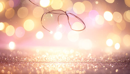 Glitter showing delicate string of fairy lights suspended above glittering surface with soft bokeh background.の素材