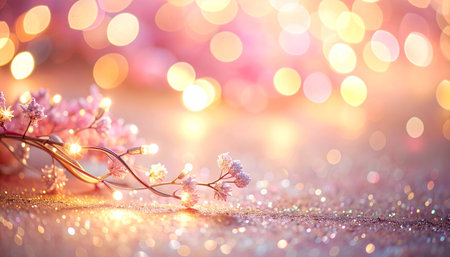 Soft pink and gold bokeh lights create a dreamy atmosphere over a sparkling glitter surface with delicate frosted...の素材