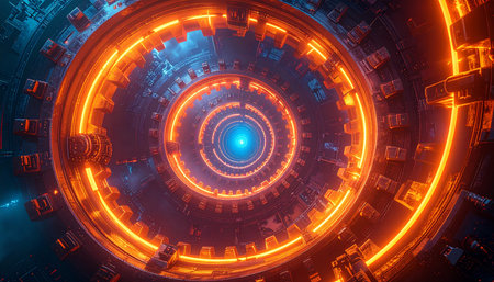 A dark, industrial tunnel with intricate circular patterns of glowing orange light and a bright blue light emanating...の素材