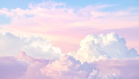 Abstract showing fluffy white and pink cumulus clouds against a soft blue and pink sky gradient. resolution...の素材