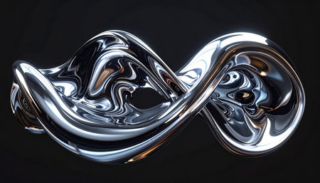 A flowing metallic liquid sculpture with complex curves and reflective chrome surfaces, set against a dark backdrop.の素材