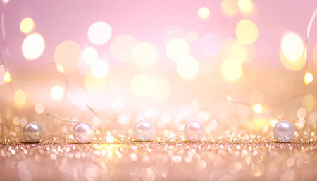 Glowing showing five luminous pearls resting on a pink glitter surface with soft golden bokeh lights keywords:...の素材