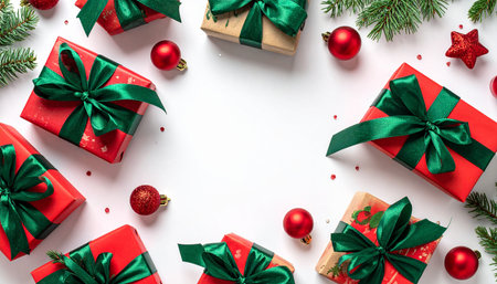 Overhead view of red and brown wrapped Christmas presents tied with green satin bows, surrounded by red baubles and...の素材
