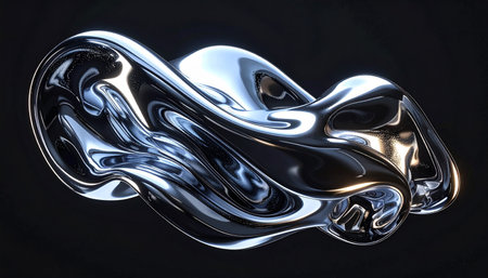 A flowing abstract chrome form with smooth metallic surfaces and cool blue light reflections on a dark studio...の素材