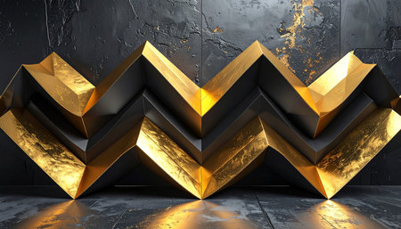 Black showing gold and black zigzag geometric sculpture with textured wall and reflective floor. resolution...の素材