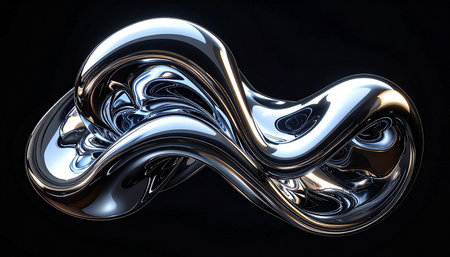 An interlocking abstract sculpture crafted from polished chrome, displaying smooth, fluid contours and intense light...の素材