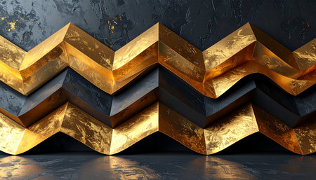 Layered zig-zag structures in gold and dark gray metallic create a textured visual against a dark wall and floor.の素材