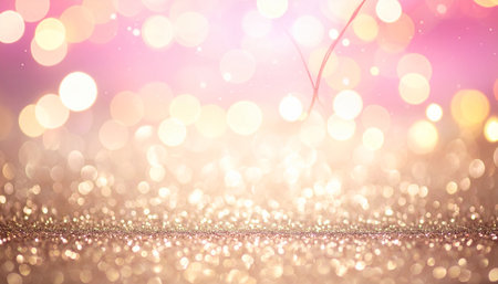 Glitter showing sparkling gold and pink glitter surface with soft bokeh lights and festive glow. resolution...の素材