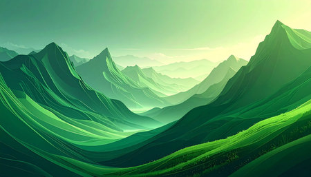 Smooth, stylized green mountain slopes and peaks create a flowing landscape under a soft gradient sky.の素材