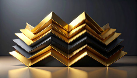 Stacked gold and charcoal grey zig zag layers form a dimensional abstract wall feature with reflective surfaces.の素材
