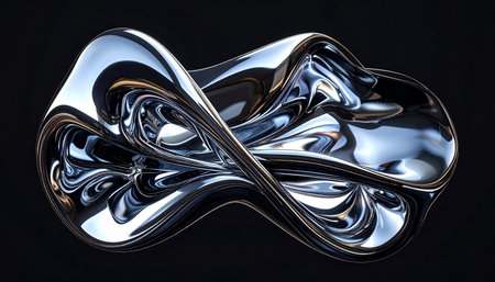 A fluid, twisted chrome sculpture with intricate metallic reflections and flowing liquid shapes on a dark backdrop.の素材