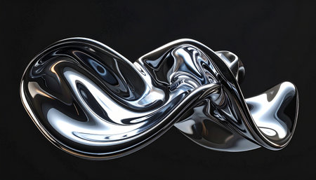 A twisted abstract shape of polished chrome, featuring organic curves and highly reflective metallic surfaces on a...の素材