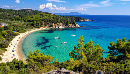 A sun-drenched Greek bay showcases a sandy beach dotted with sunbathers, with several boats floating on the vibrant,...の素材