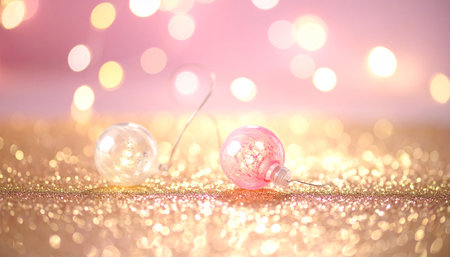 Two small glass baubles, one clear and one pink, sit on a gold glitter surface with soft pink and gold bokeh lights.の素材