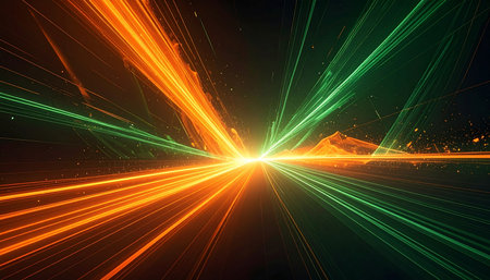 From showing diverging paths of orange and green light streaks from a bright central point on dark. resolution...の素材