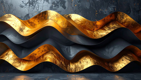 Black showing wavy abstract sculpture with gold and dark gray layers against a textured background. resolution...の素材