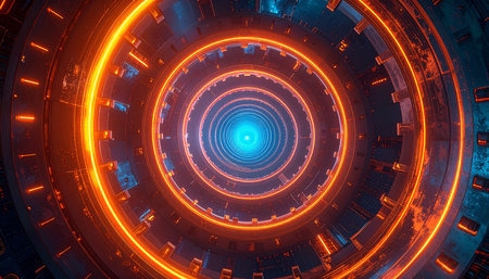 A deep, circular tunnel with concentric rings of glowing orange light and dark metallic structures leading to a...の素材