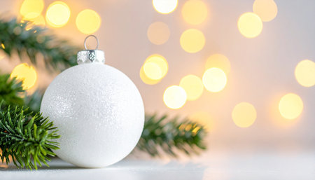 A sparkling white Christmas ornament sits on a white surface next to a green fir branch, with soft golden bokeh...の素材