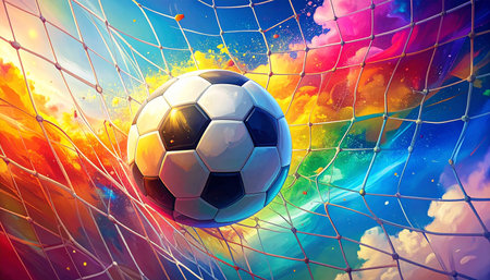 A soccer ball is caught in a net, with a background of bright, abstract, and energetic paint splatters.の素材