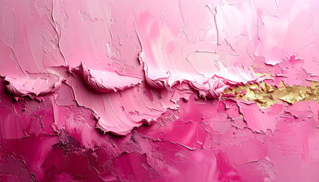 Abstract impasto oil painting texture in pinks with a prominent band of shimmering gold leaf adding a contrast.の素材