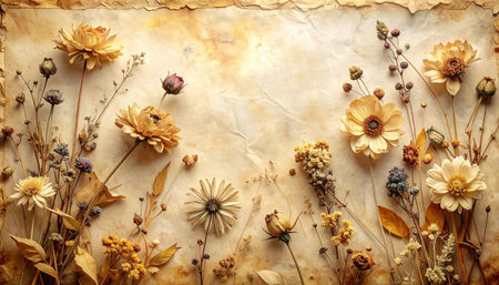 Assortment showing assortment of dried flowers and seed pods on textured vintage paper surface. resolution...の素材
