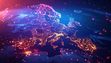 Europe's illuminated cities are visible from space, set against a dark, star-filled sky with colorful cosmic clouds.の素材