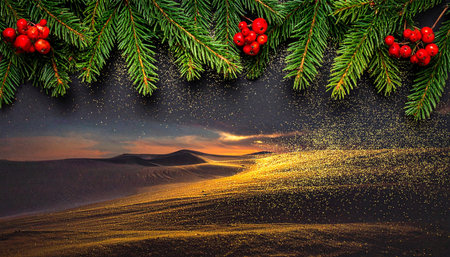 A Christmas fir garland with red berries is positioned above a desert landscape of golden glitter sand dunes under a...の素材