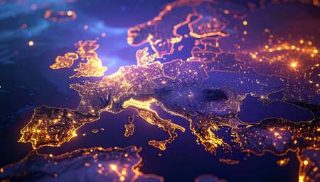 Effect. showing close-up perspective of europe at night showing dense orange city lights and blue space hues.の素材