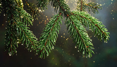 Detailed view of a fir branch covered in glistening water droplets, with soft light creating a bokeh effect in the...の素材