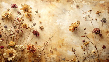 Botanical showing collection of dried flowers and botanicals on textured parchment with a rich earthy and...の素材