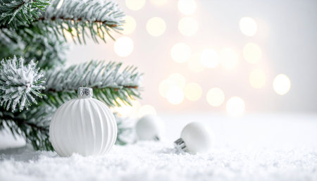 Needles showing close up of a white christmas ornament on a snowy surface with frosted pine needles and soft bokeh...の素材