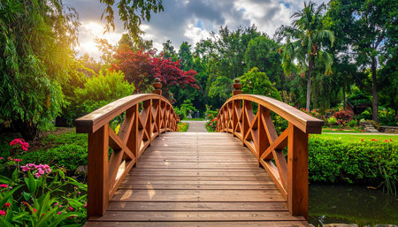 A curved wooden bridge spans a tranquil pond within a vibrant botanical garden, bathed in warm sunlight filtering...の素材