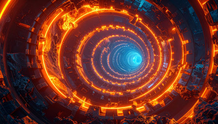 A deep, dark tunnel with textured, rocky edges and glowing orange circular bands leading to a bright blue light at...の素材