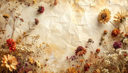 Autumnal showing dried flowers and crumpled paper background with autumnal hues and delicate stems. resolution...の素材