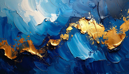 Accents showing dynamic abstract painting with thick blue brushstrokes and gilded gold accents. resolution...の素材