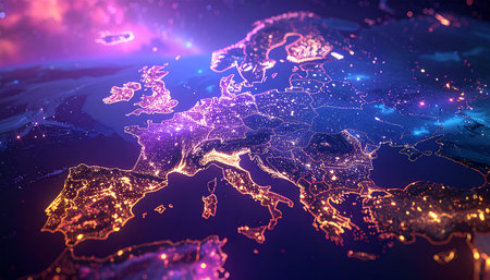 A view of Europe at night, with city lights glowing brightly and nebulae in the background.の素材