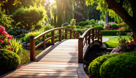 A graceful wooden arched bridge crosses dark water, bordered by neatly trimmed green bushes and bright flowers...の素材