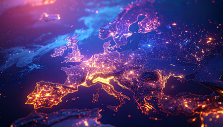 A vibrant digital rendering of Europe at night, with cities glowing in orange and purple light against a dark blue...の素材
