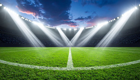 An empty football stadium at dusk, with bright spotlights casting beams onto the green grass field under a dramatic...の素材